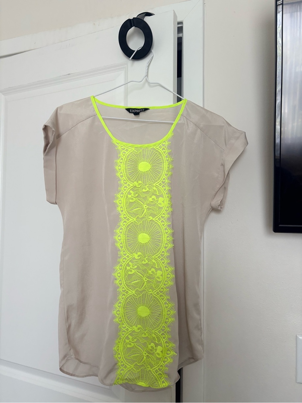 Express Beige Blouse with Neon Yellow Lace Accent